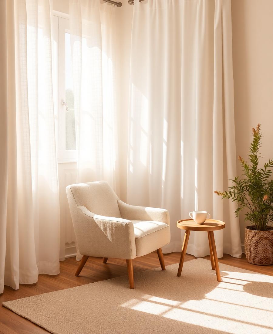 A softly lit therapy room with linen curtains, an armchair, and a cup of tea
